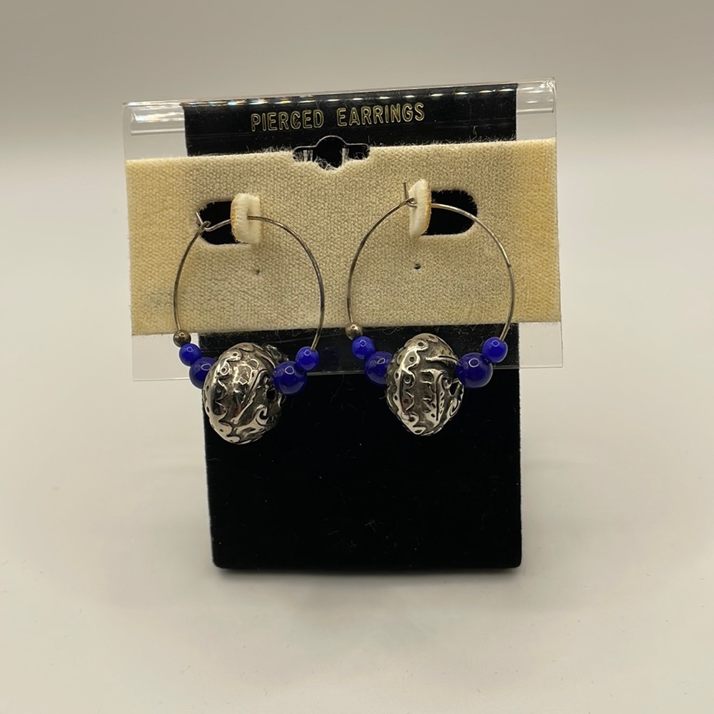 Silver hoop Earrings with Blue and Silver Beads